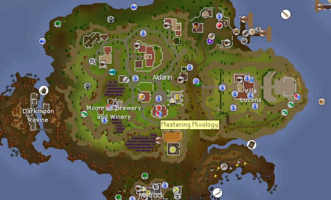Aldarin world map with the Mastering Mixology tooltip over the Alchemical Society, north of the quetzal landing.