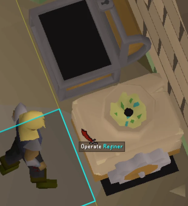 The refiner immediately beside the open bank chest, with the Operate Refiner action under the cursor.