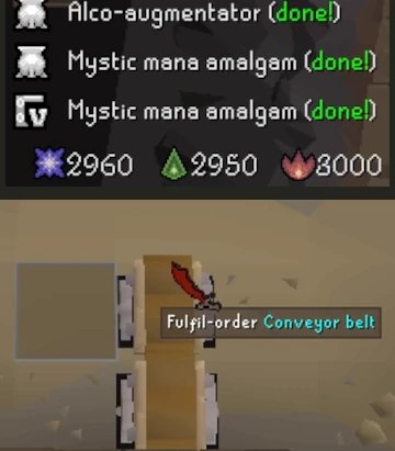 Three orders marked done, including two Mystic mana amalgams with different station icons, above a separate crop of the Fulfil-order conveyor belt action.