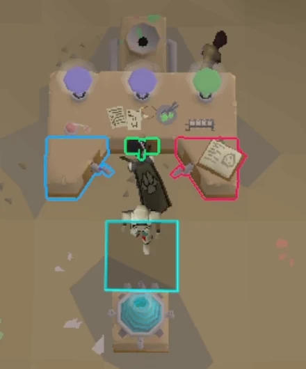 Two purple Mox inputs and one green Aga input above the three levers, with the hopper behind them and the filled mixing vessel in front.